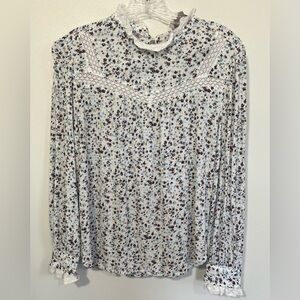 LOFT White and Purple Floral Blouse. Mini floral ruffle mock neck long sleeve.
